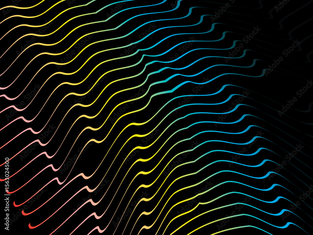 Poster The background is a colorful gradient wavy diagonal striped pattern on a black background, creating a dynamic and modern visual effect.