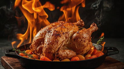 Roasted Chicken With Flames Displaying Crispy Skin and Juicy Texture in a Fiery Cooking Scene.