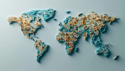 3D World Map with Detailed Relief, Light Blue Background