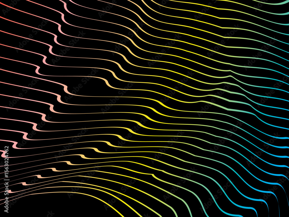 Poster The background is a colorful gradient wavy diagonal striped pattern on a black background, creating a dynamic and modern visual effect.