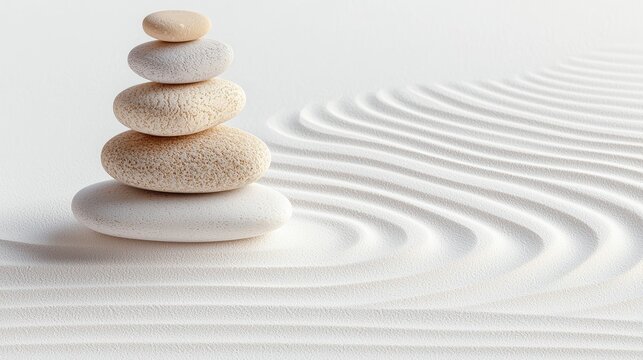 Serene Stacked Stones in White Sand Zen Garden
