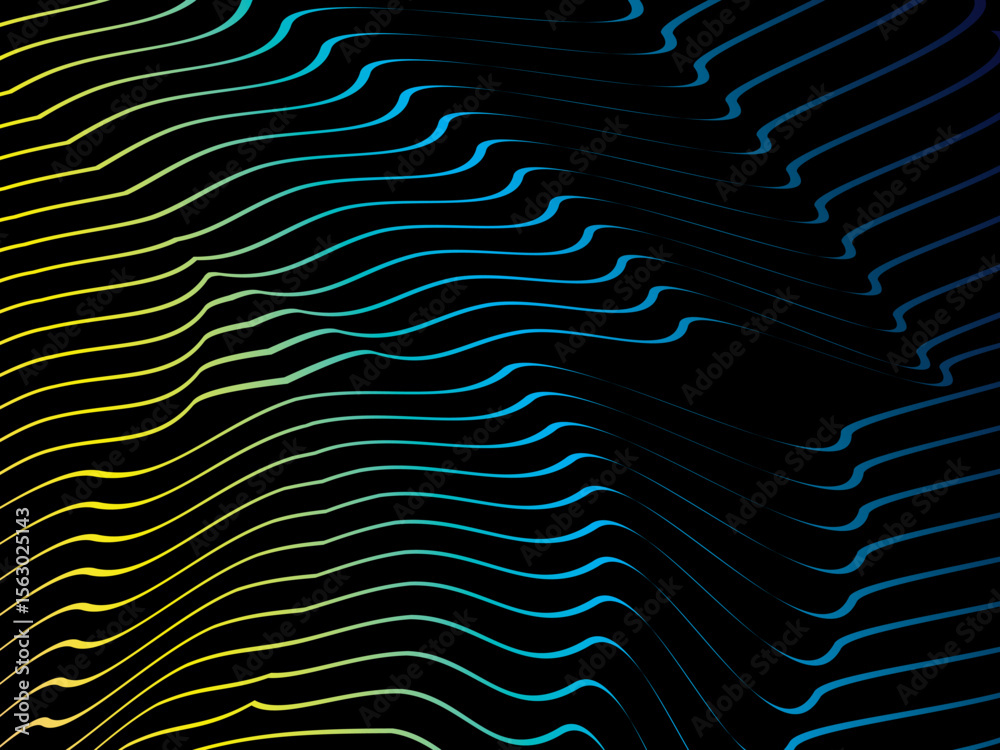 Poster The background is a colorful gradient wavy diagonal striped pattern on a black background, creating a dynamic and modern visual effect.