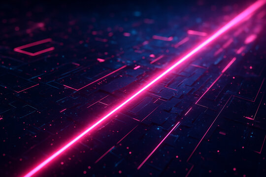 AI generated glowing pink laser beam cutting through a futuristic circuit board representing data transmission speed digital connection and high tech cyber energy in a sci fi abstract atmosphere