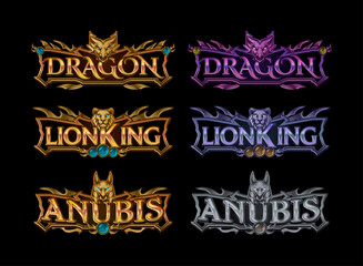 set of fantasy gothic medieval glossy game logo with dragon, lion, anubis symbol in gold, diamond, silver color