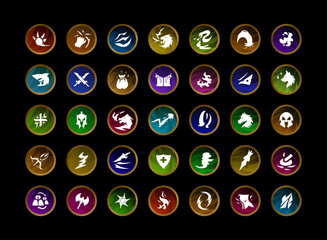 set of fantasy medieval game button with spells, skills, class, and elements in gold frame and various color