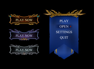 set of fantasy gothic dark medieval game button and banner ui menu frame in gold, silver and diamond