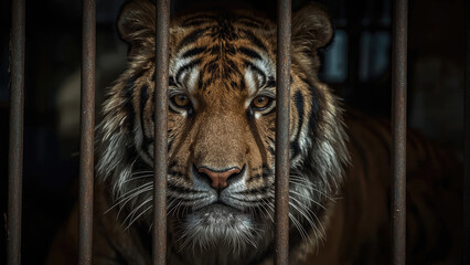 Emotional Tiger in Cage Staring Out With Deep Intensity and Captive Expression in a Wildlife Scene.
