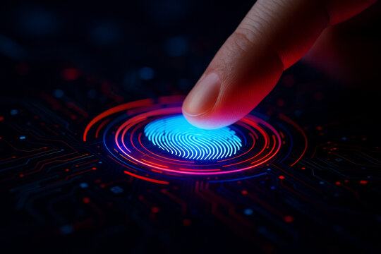 AI generated high tech human finger scanning glowing fingerprint on digital interface symbolizing biometric authentication data protection and futuristic identity verification - Powered by Adobe