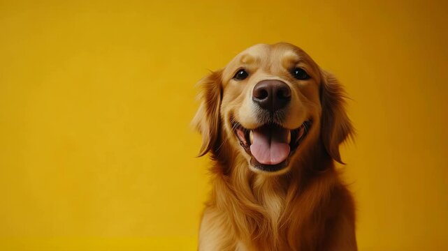 Golden retriever dog happy smiling with tongue out friendly pet portrait joyful expression warm lighting playful winking canine animal happy pet portrait with tongue out on yellow background