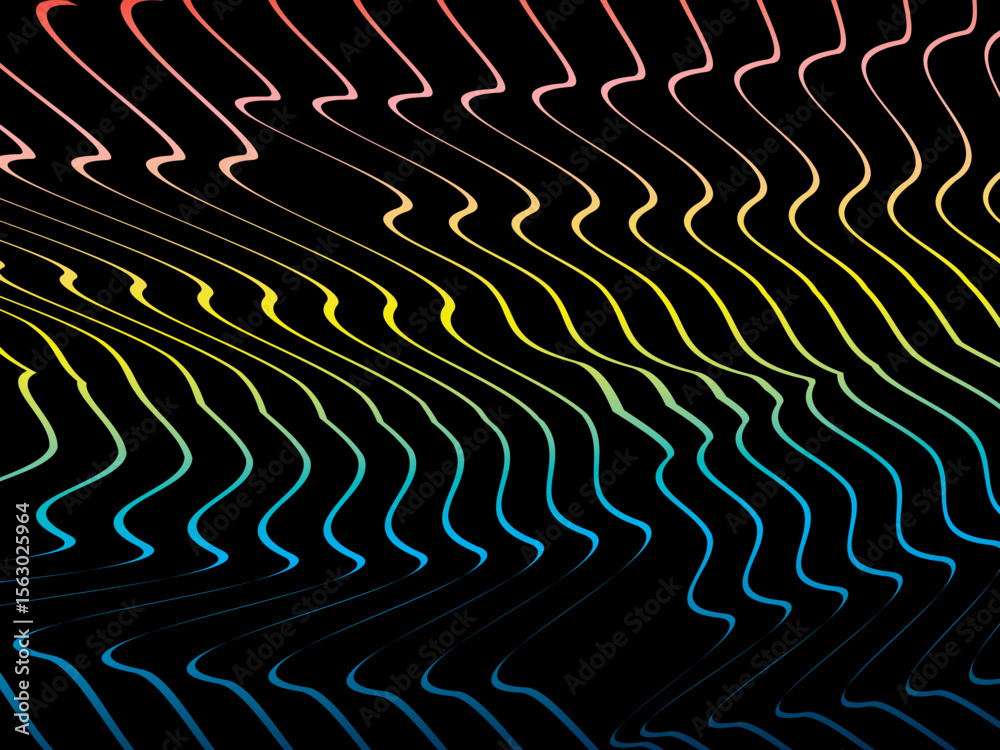 Poster The background is a colorful gradient wavy diagonal striped pattern on a black background, creating a dynamic and modern visual effect.