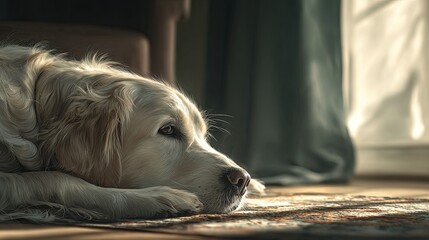 Golden Retriever Dog Resting Peacefully on the Floor in Sunlight Near a Window
