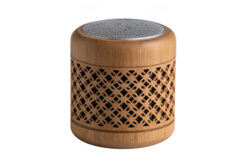 Modern bamboo portable speaker with intricate lattice design isolated on transparent background