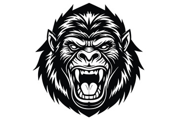 Angry gorilla roars fiercely, displaying its powerful teeth in black and white tones