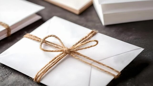A neatly tied stack of white envelopes bound with twine on a textured surface.