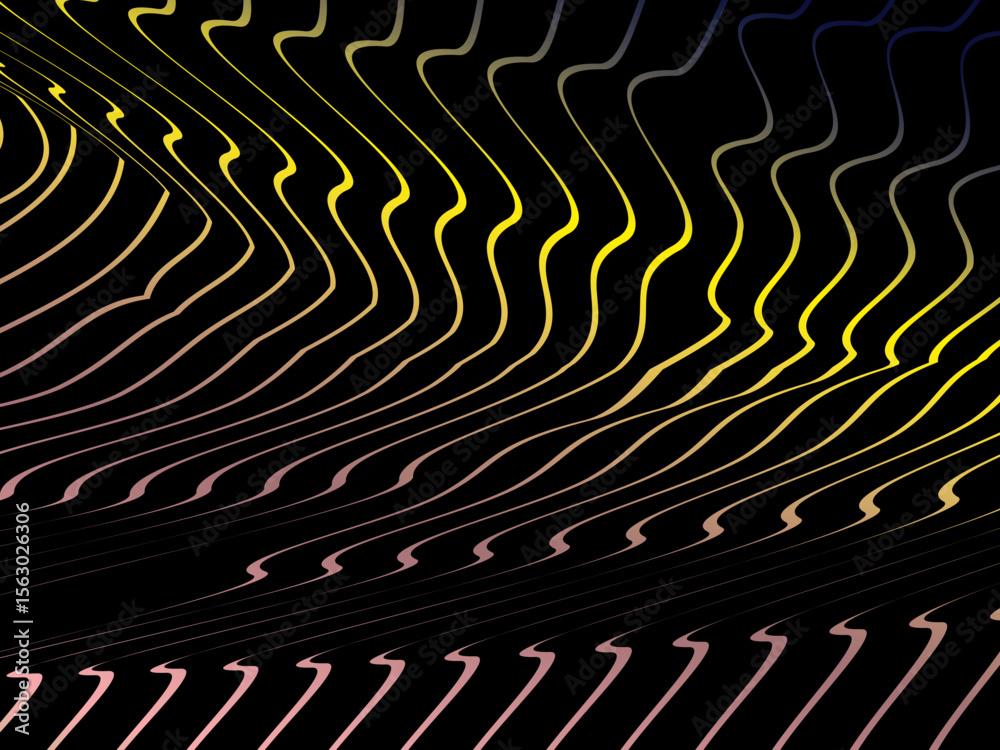 Poster the background is a colorful gradient wavy diagonal striped pattern on a black background, creating 