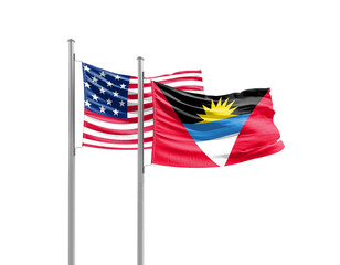 Antigua and Barbuda and America friendship flags are waving on white background. Both flags are with Cutout Path. Antigua and Barbuda USA national flag for comittment.
