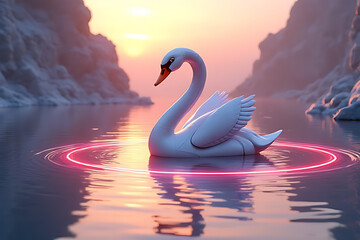 Robotic  swan emerging from a reflective high-tech lake at sunrise, surrounded by glowing rings and crystal structures in a harmonious sci-fi world 