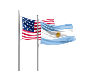 Fototapeta premium Argentina and America friendship flags are waving on white background. Both flags are with Cutout Path. Argentina USA national flag for comittment.