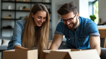 Happy couple unpacking boxes