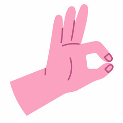 OK gesture hand sign in pink color. Expresses agreement or approval. Flat and cute style.