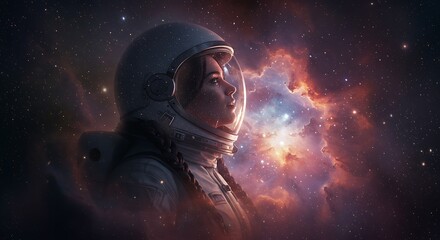 Astronaut adrift in cosmic nebula with helmet reflecting infinite stars conveying existential wonder