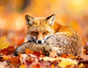 Obraz premium Serene Fox in Autumn Leaves with Warm Colors and Cozy Atmosphere