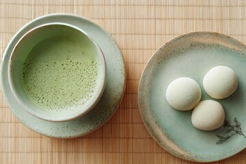 Traditional Japanese Matcha Tea with White Wagashi Mochi on Bamboo Mat