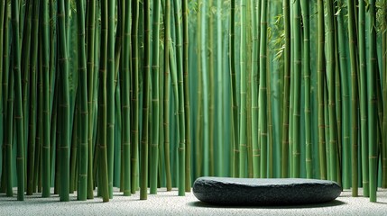 ASerene Zen Display with Smooth Stone Podium in Front of Lush Bamboo Forest Background