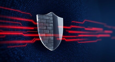 Cybersecurity concept featuring transparent firewall shield with red intrusion alerts on binary code