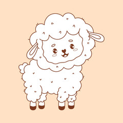 Outline cartoon Cute Sheep. Adorable Farm Animal. Funny kawaii character. Line drawing, coloring book. Vector illustration. Kids collection