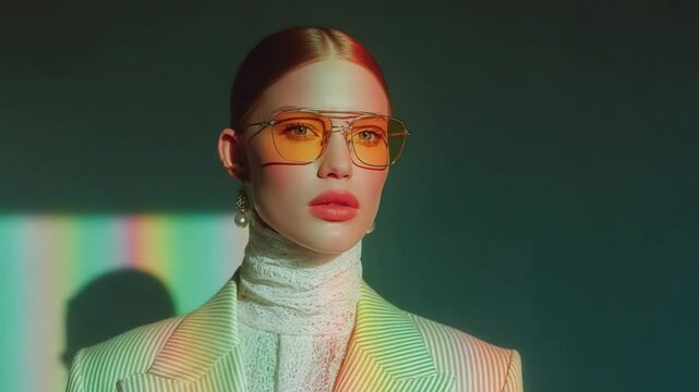 Elegant Woman in Stylish Outfit and Yellow Sunglasses Posing Against Colorful Backdrop