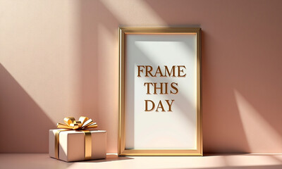 Vertical frame standing on surface near wrapped gift, lit with warm natural sunlight.