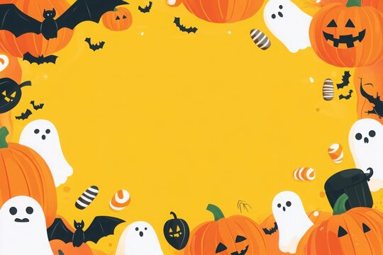 Halloween border featuring pumpkins bats and ghosts isolated on white background - Powered by Adobe