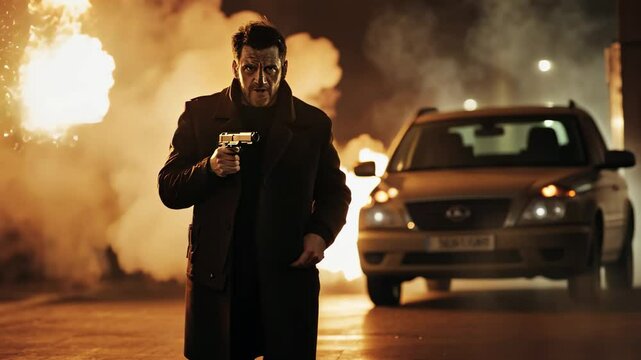 Intense nighttime shootout with a lone figure amidst explosions in a tense spy thriller, Spy Thriller Fuse Burns Past At Night 3 Shots