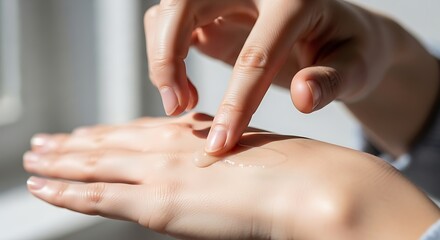 Naklejka premium Close-up of hands applying and spreading a gel-like substance.