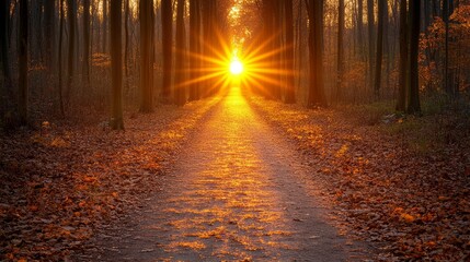 Obraz premium Pathway through a sunlit forest with golden autumn leaves and sunlight streaming through the trees creating a warm glow