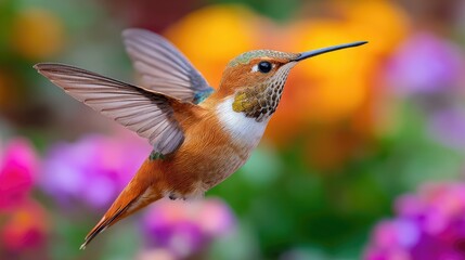 Obraz premium Close-up of a Rufous Hummingbird Hovering with Blurry Colorful Flower Background