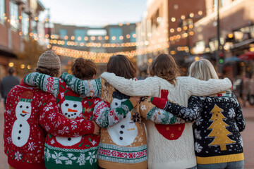 people wearing ugly sweater in hand united. Christmas eve concept.