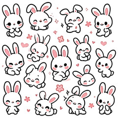 Cute Rabbit Icon Bundle Set, Cartoon Bunny Faces, Vector Animal Clipart Collection, Editable AI and EPS Files for Download