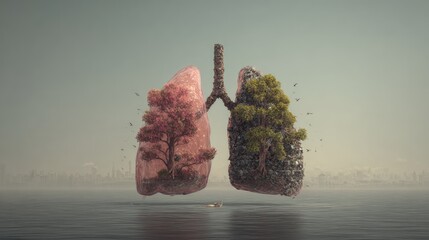 Abstract Lungs with Contrasting Ecosystems: Healthy Forest vs. Polluted or Dying Trees