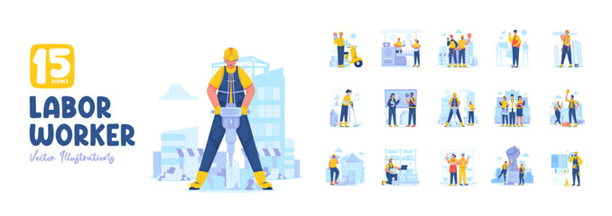 Collection set of people labor worker profession character vector illustration