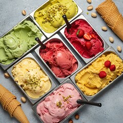  gelato scoops in various flavors (pistachio, strawberry, hazelnut), presented in traditional metal containers, with waffle cones nearby, creating an inviting summer scene