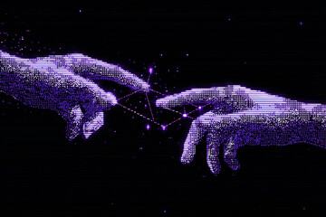 two pixelated futuristic hands reaching toward each other.