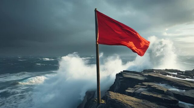 Video of a red warning flag waving on a sunny beach, alerting visitors to strong winds, rough waves, or possible shark presence&mdash;signaling danger and urging caution near the sea