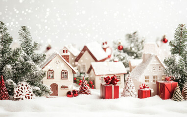 Snow-covered Christmas tree and gifts adorning a festive holiday landscape with a cheerful snowman and cozy village scene