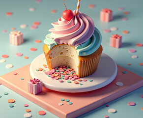 Pastel cupcake with swirl frosting and bite taken, surrounded by candy.