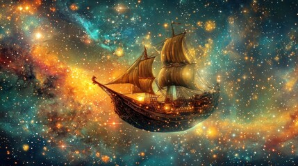 A majestic sailing vessel floats amidst a vibrant cosmic expanse, studded with glittering stars and nebulae