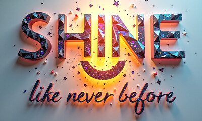 Colorful 3D lettering spelling SHINE, surrounded by sparkles and stars, energetic and uplifting design.