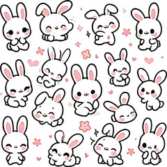 Cute Rabbit Icon Bundle Set, Cartoon Bunny Faces, Vector Animal Clipart Collection, Editable AI and EPS Files for Download