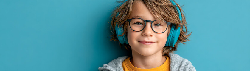 A smiling child with glasses and blue headphones poses against a blue background, wearing a yellow shirt and gray jacket.